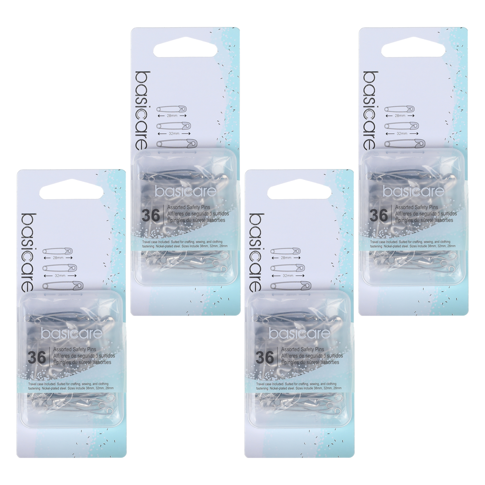 Basicare Assorted Safety Pins 36pcs Bundle of 4 with Travel Case