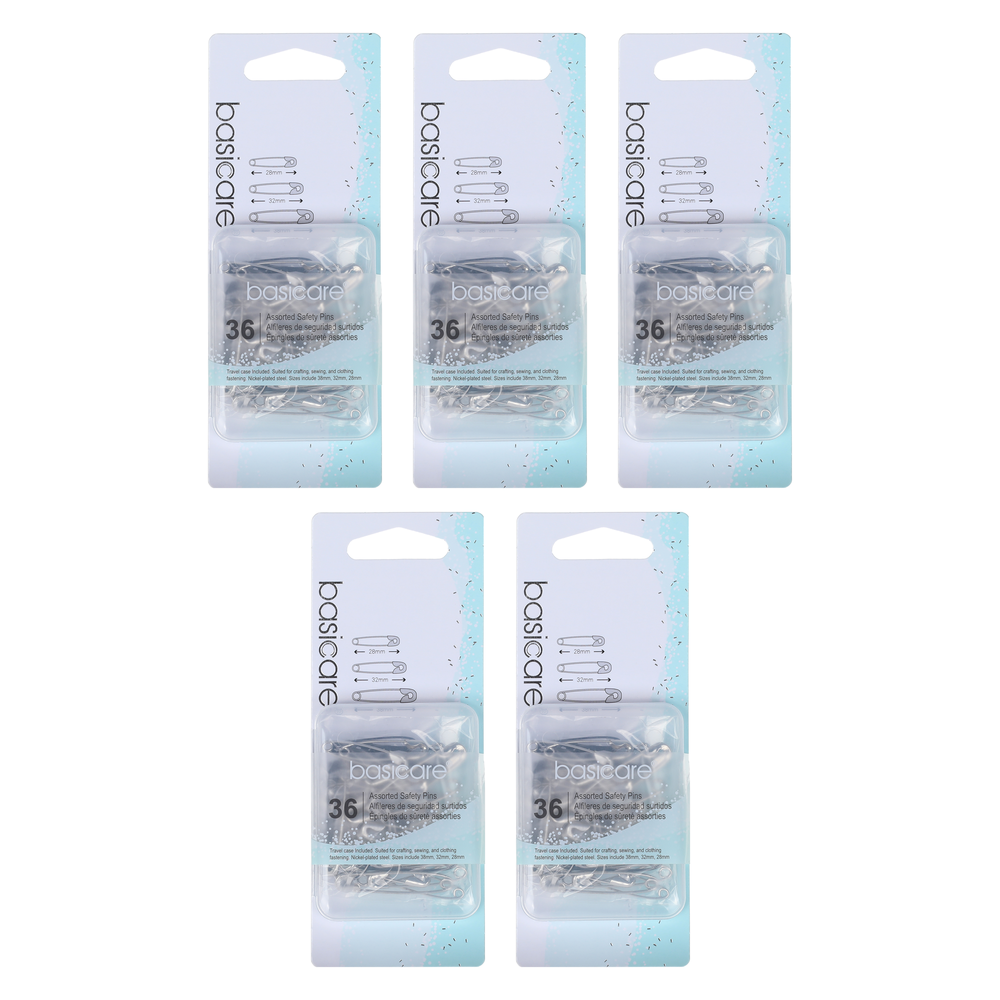 Basicare Assorted Safety Pins 36pcs Rust Resistant Travel Case Bundle of 5