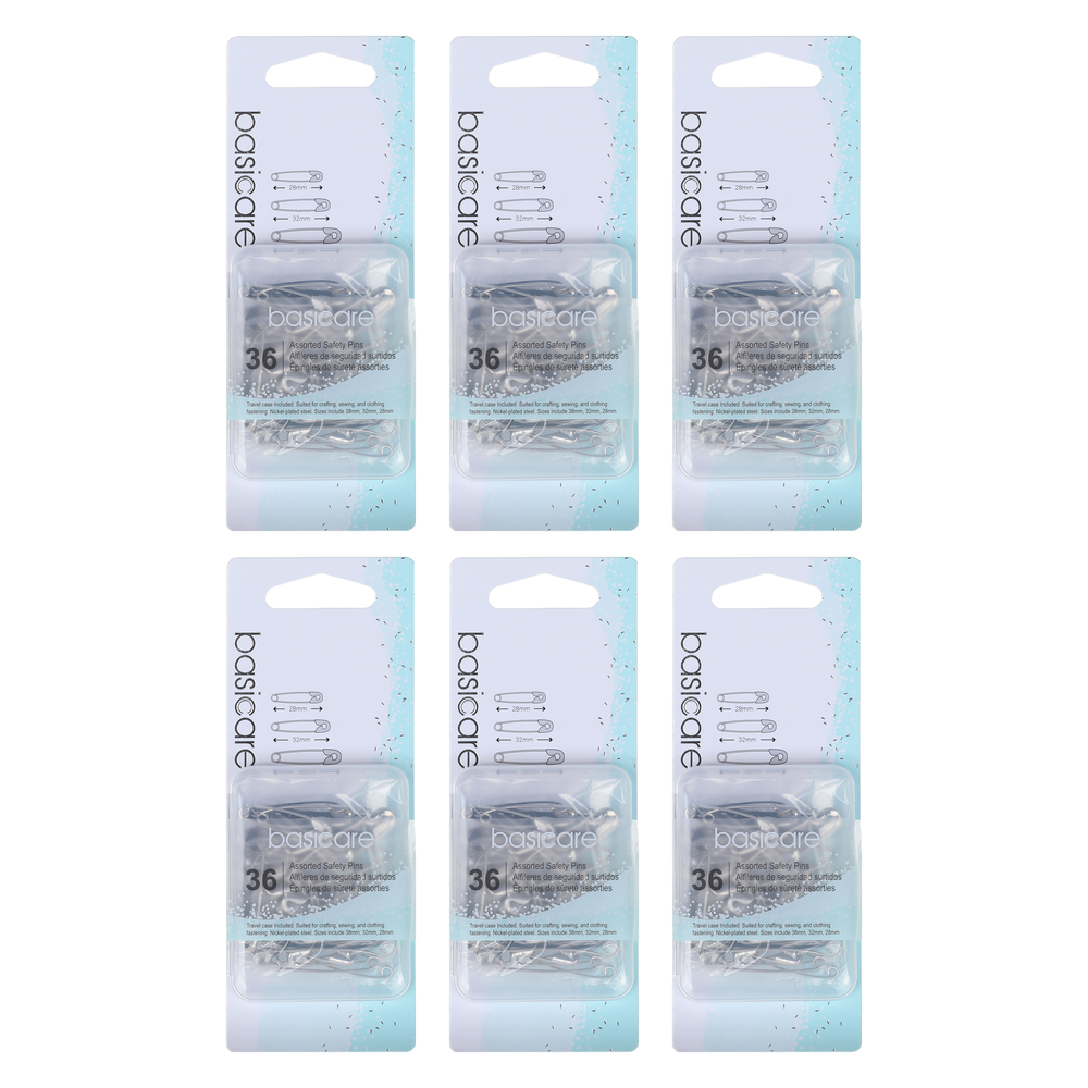 Basicare Assorted Safety Pins 36pc Pack Bundle of 6 Rust Resistant Travel Case