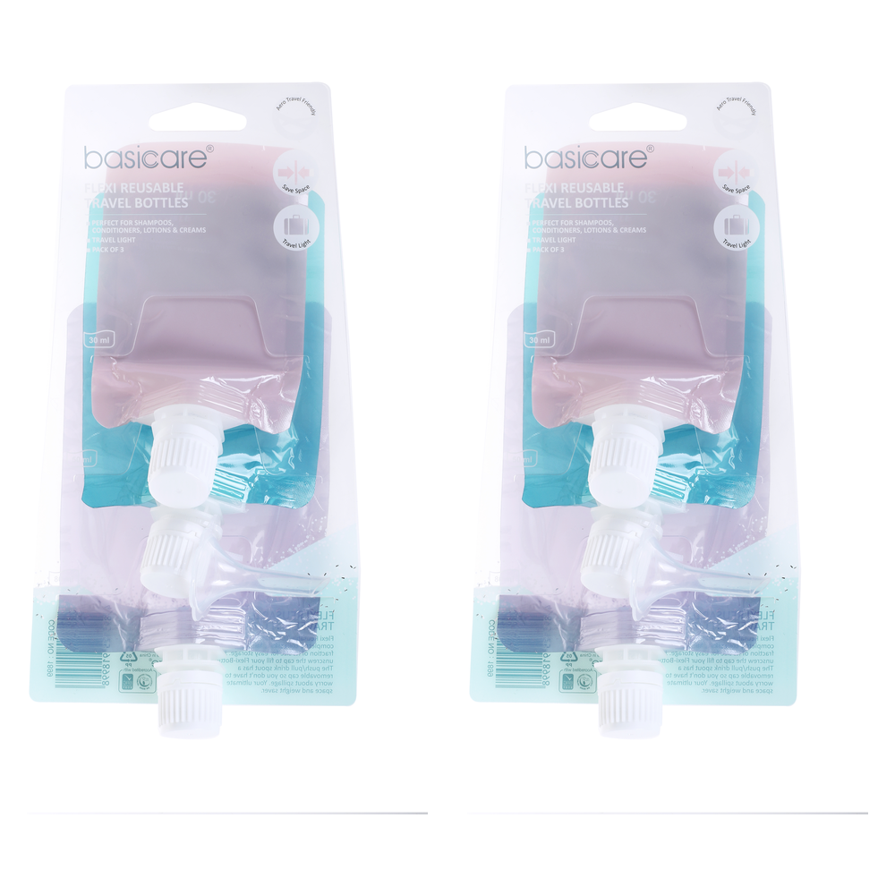 Basicare Flexi Reusable Travel Bottles 3 Pack Lightweight 30ml 50ml 80ml x 2