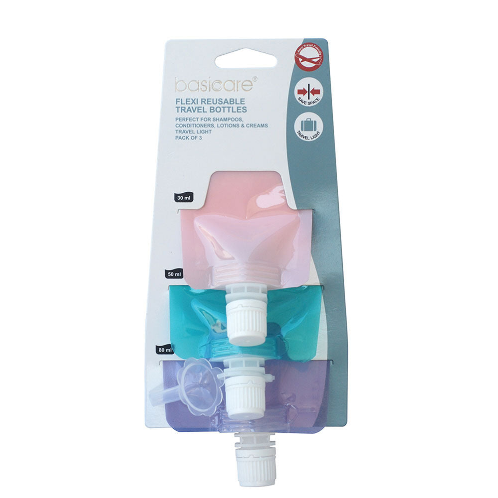 Basicare Flexi Reusable Travel Bottles 3 Pack Lightweight 30ml 50ml 80ml