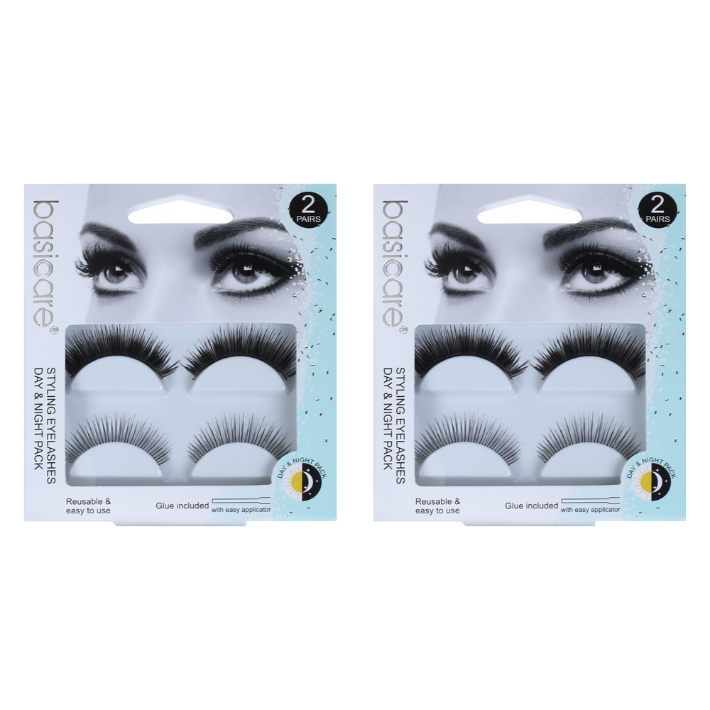Basicare Day and Night False Eyelashes 2 Pairs Reusable with 2 Adhesives