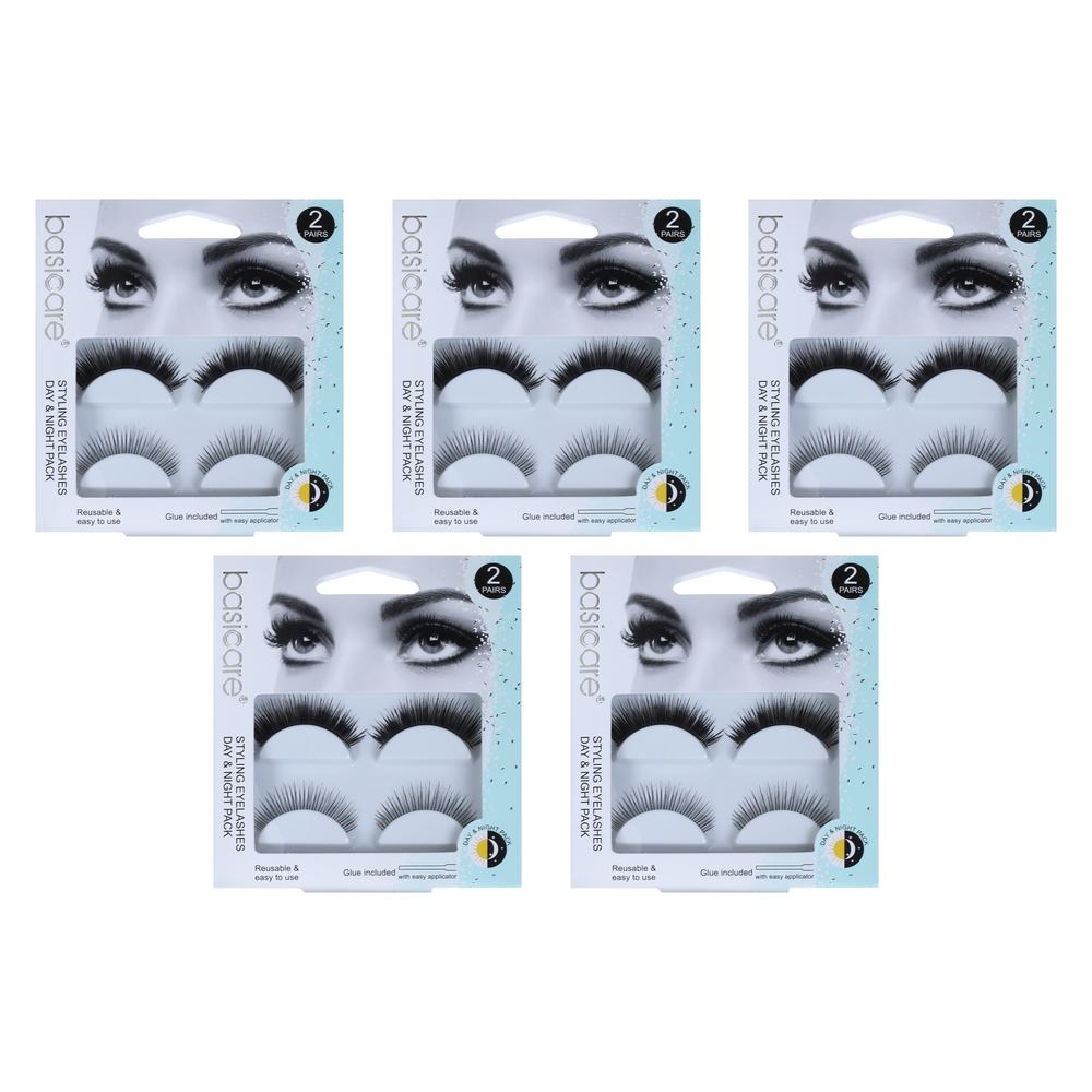 Basicare Day and Night Styling Eyelashes 2 Pairs Reusable with Glue Bundle of 5