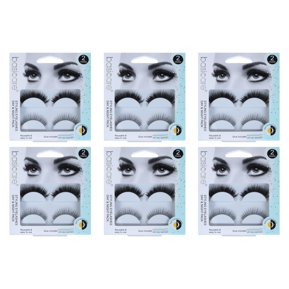 Basicare Day and Night Eyelashes Bundle of 6 Packs 2 Pairs Reusable with Glue