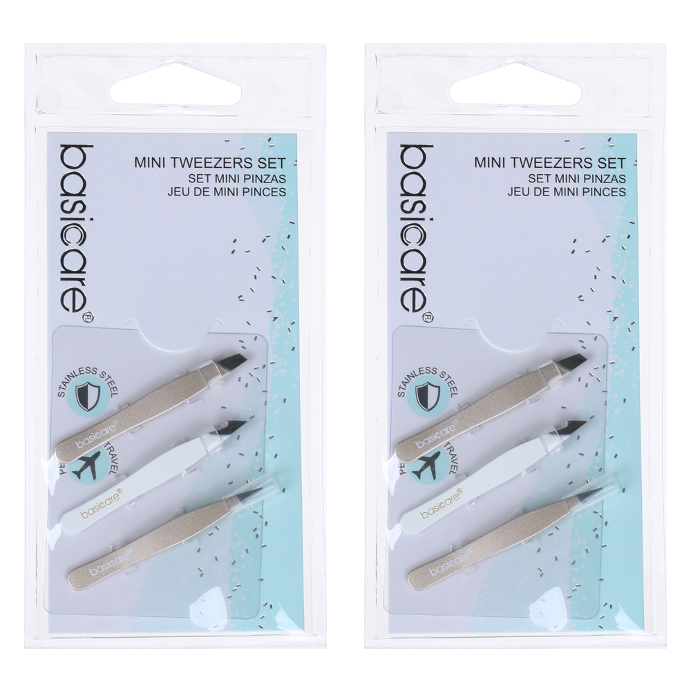 Basicare Stainless Steel Mini Tweezers Set 3pc Precision Grooming Tools Pack of 2