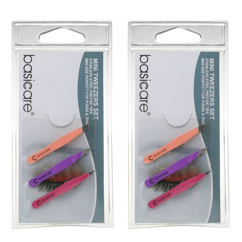 Basicare Stainless Steel Mini Tweezers Set 3pc Precision Grooming Tools Pack of 2