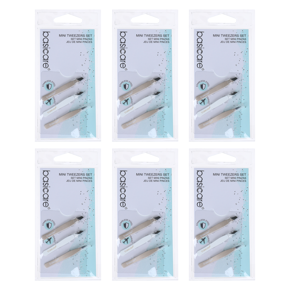 Basicare Stainless Steel Mini Tweezers 3pc Set Bundle of 6