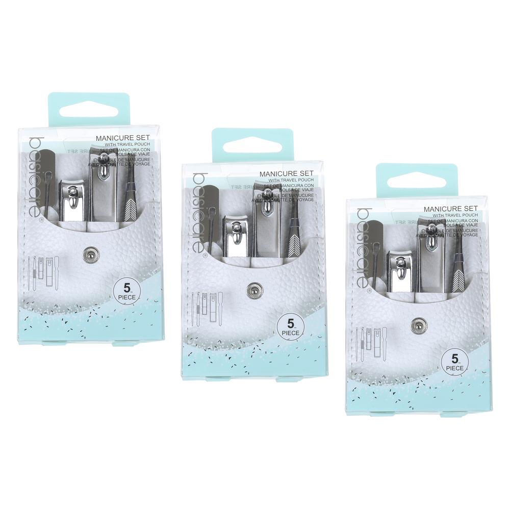 Basicare 5 Piece Manicure Set 3 Pack Travel Pouch Nail Grooming Kit