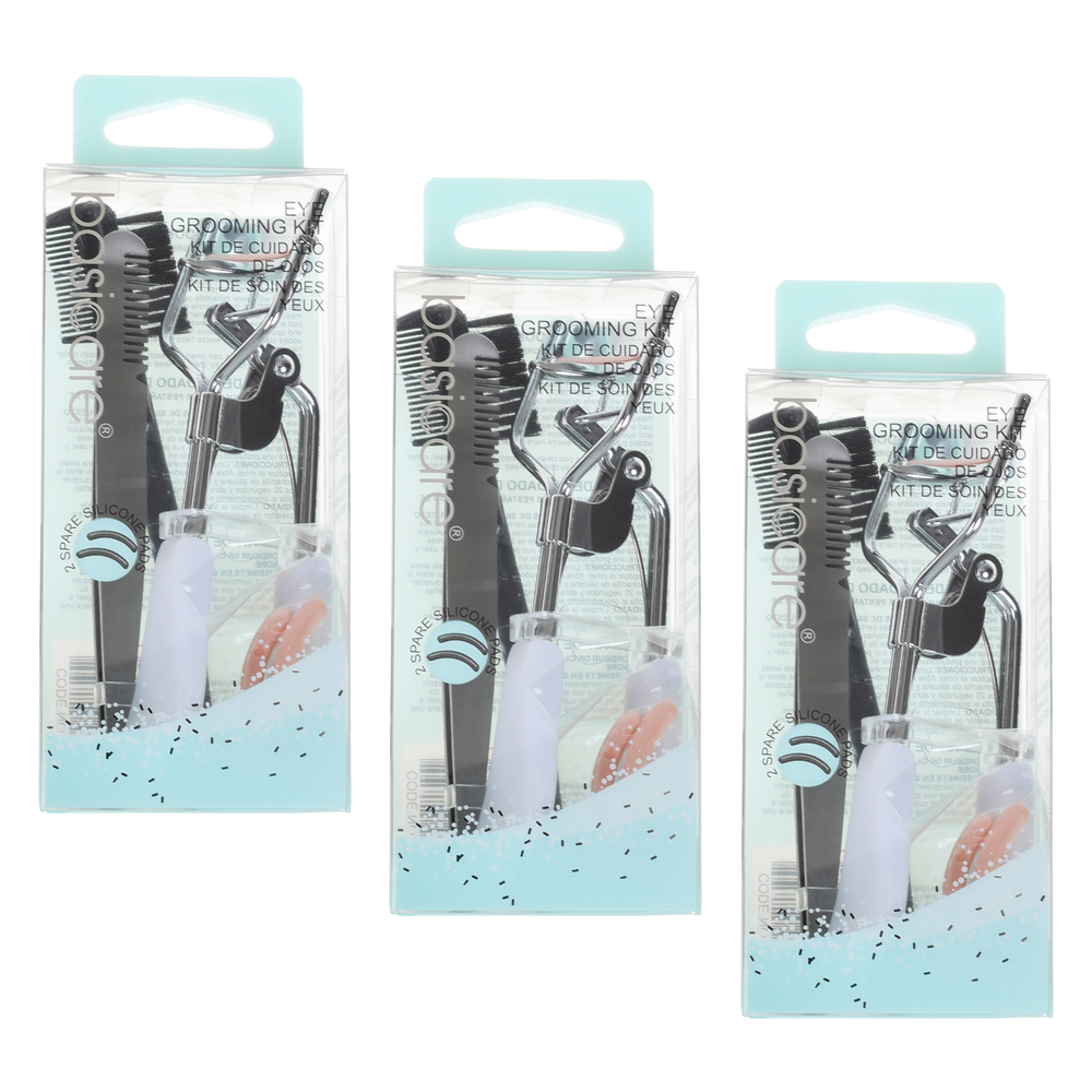 Basicare Eye Grooming Kit Bundle of 3 Eyelash Curler Tweezers Brush Comb