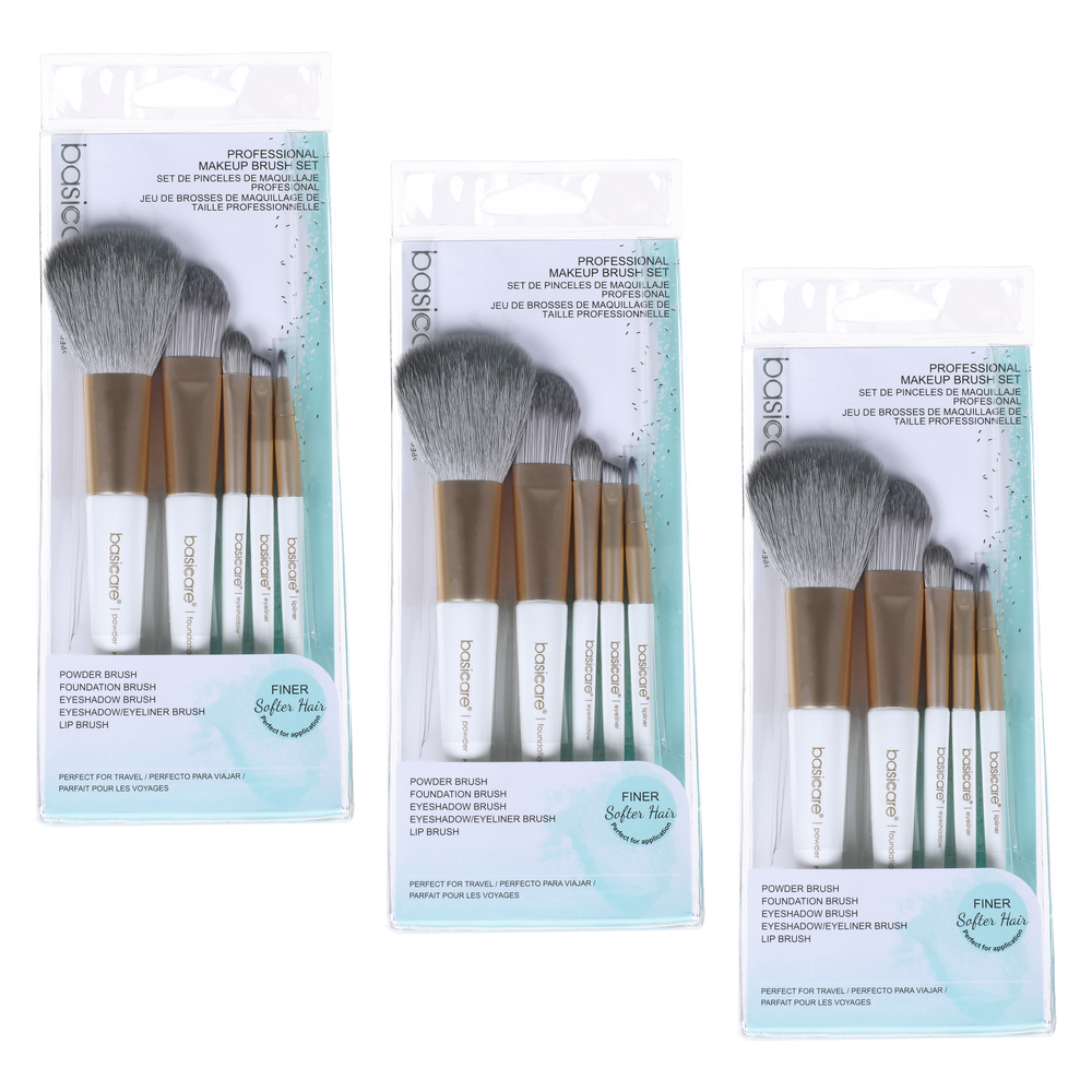 Basicare 5 Piece Makeup Brush Set Bundle of 3 Professional Quality