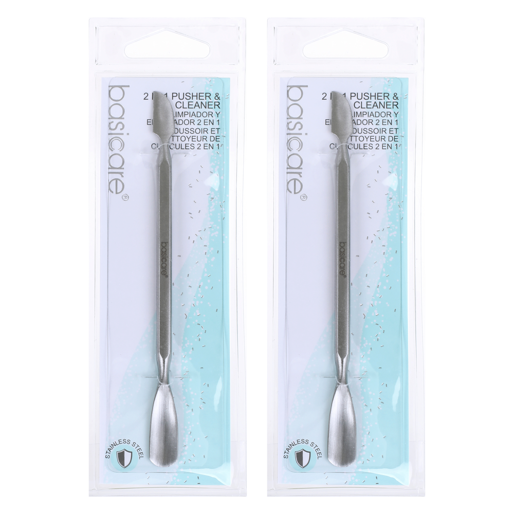 Basicare Stainless Steel 2 in 1 Cuticle Pusher and Cleaner Twin Pack