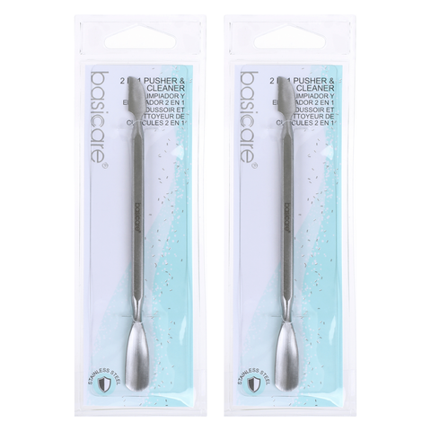 Basicare Stainless Steel 2 in 1 Cuticle Pusher and Cleaner Twin Pack