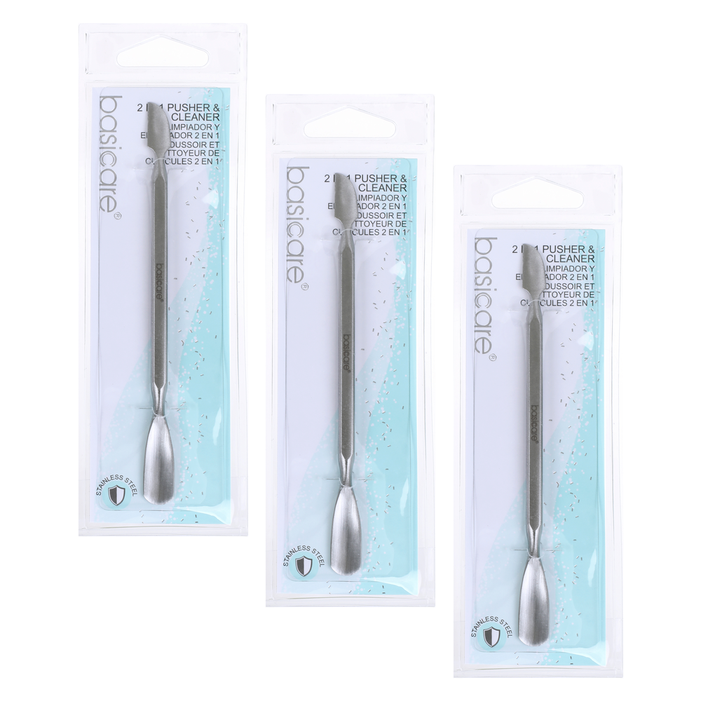 Basicare Stainless Steel Cuticle Pusher Cleaner 2 in 1 Bundle 3 Pack
