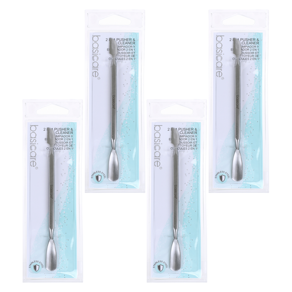 Basicare Stainless Steel Cuticle Pusher and Cleaner 2 in 1 Nail Tool Bundle of 4
