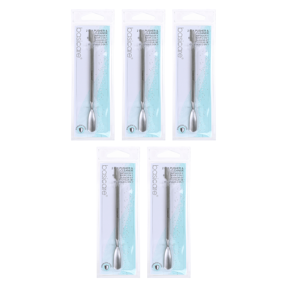 Basicare Stainless Steel Cuticle Pusher and Cleaner 2 in 1 Bundle of 5