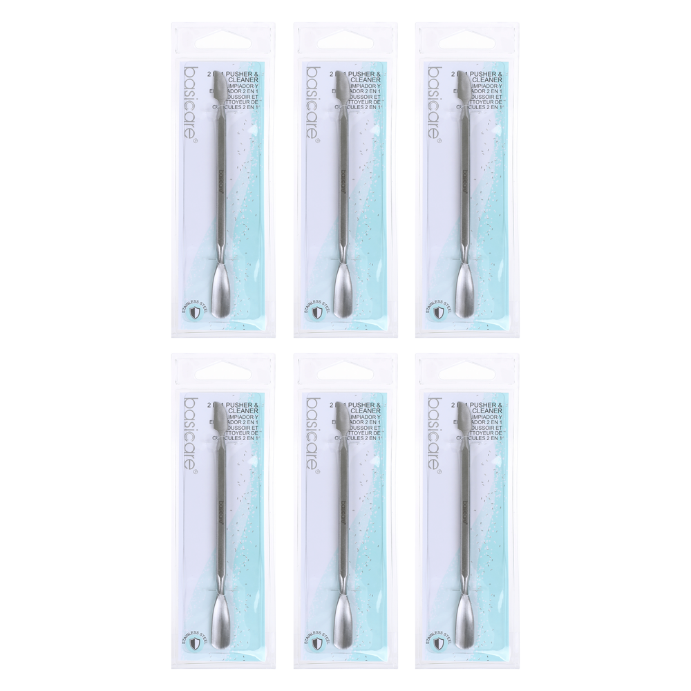 Basicare 2 in 1 Stainless Steel Cuticle Pusher and Cleaner Bundle of 6