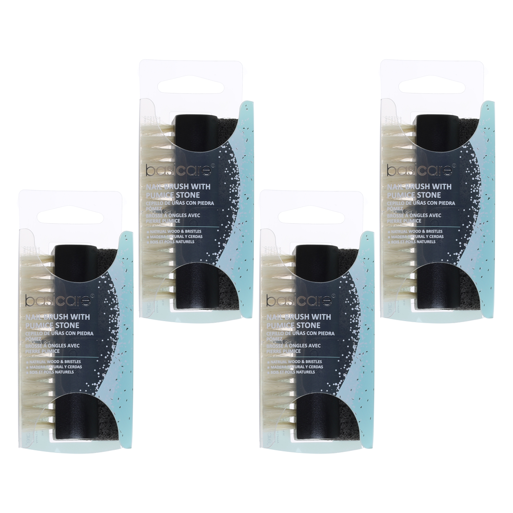 Basicare Nail Brush Natural Bristles with Pumice Stone 4 Pack Bundle