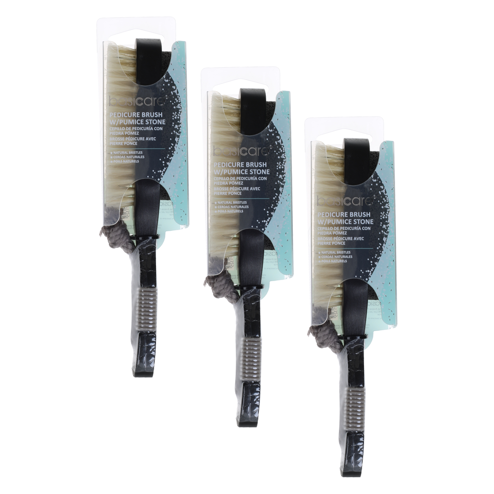 Basicare Pedicure Brush Bundle of 3 Natural Bristles with Pumice Stone