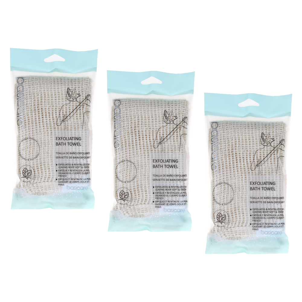 Basicare Exfoliating Bath Towel 30cm x 100cm Bundle of 3 Deep Cleansing