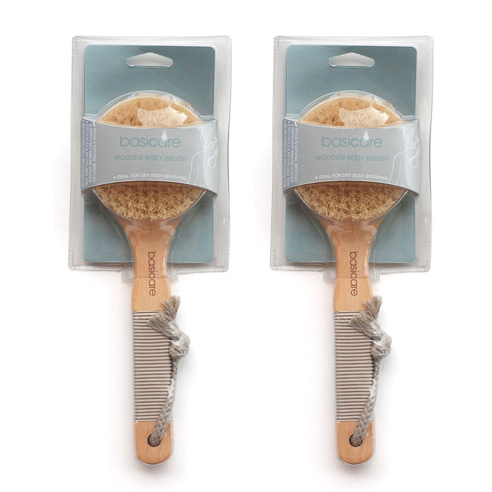 Basicare Wooden Body Brush Natural Bristles Exfoliating Dry Brush Pack x 2