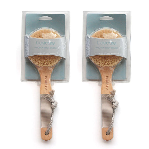 Basicare Wooden Body Brush Natural Bristles Exfoliating Dry Brush Pack x 2