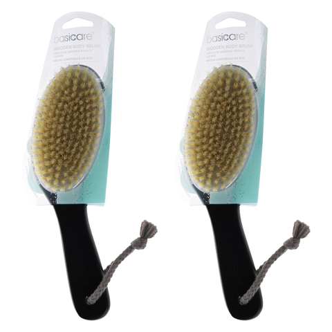 Basicare Wooden Body Brush Natural Bristles Exfoliating Dry Brush Pack x 2