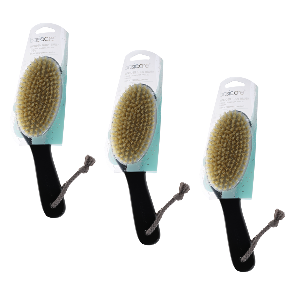 Basicare Wooden Body Brush Bundle of 3 Natural Bristles Exfoliating Skin
