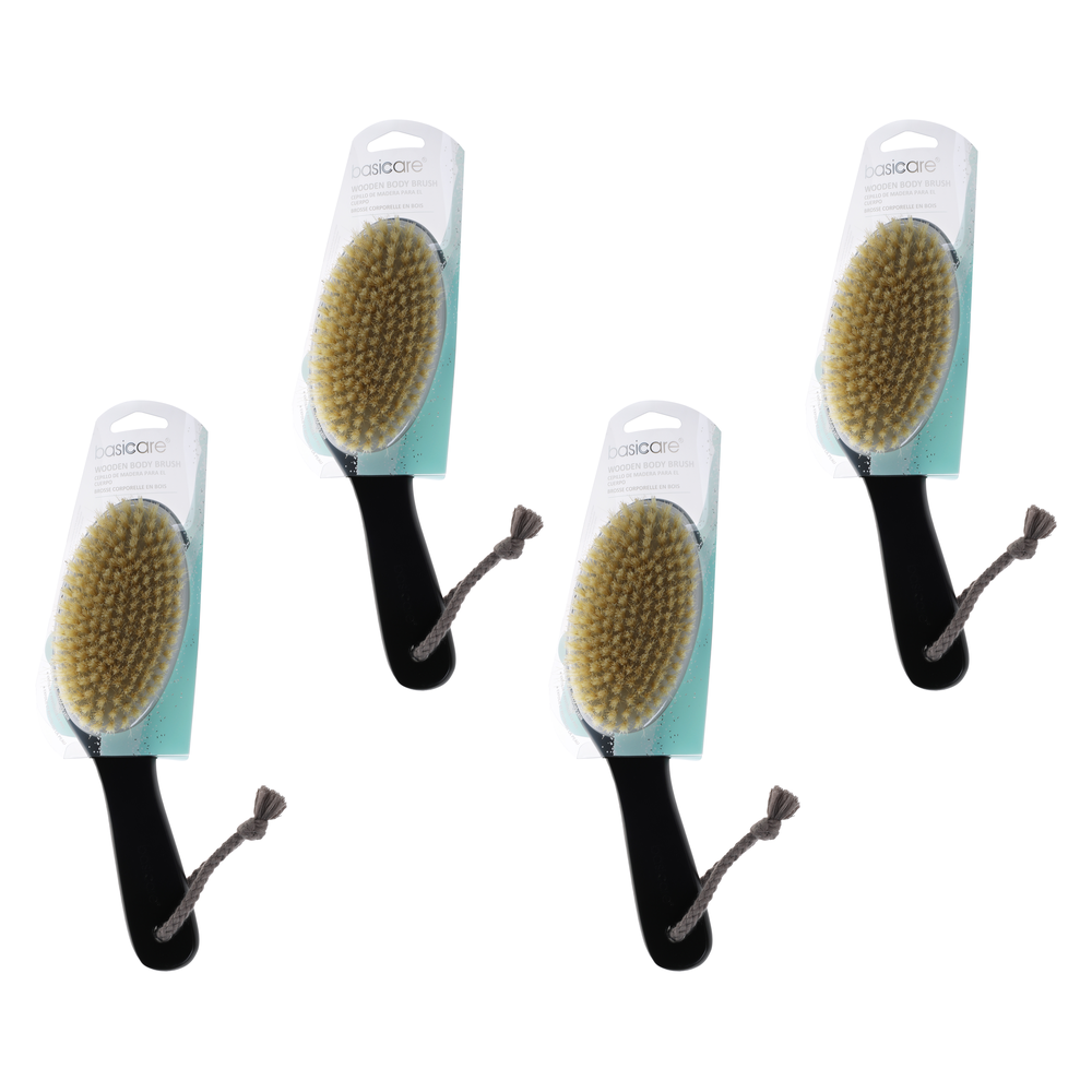 Basicare Wooden Body Brush Natural Bristles Bundle of 4 Exfoliating Dry Brush