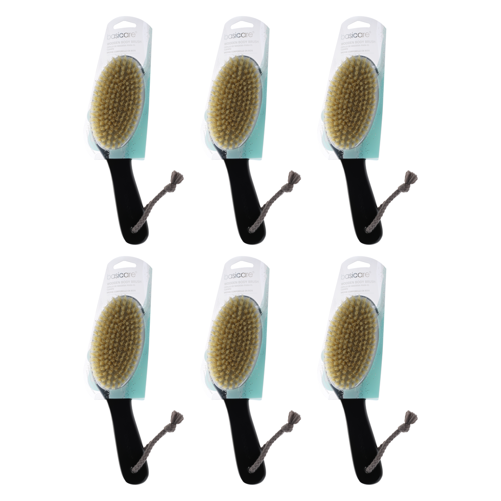 Basicare Wooden Body Brush Bundle Pack of 6 Natural Bristles Exfoliating