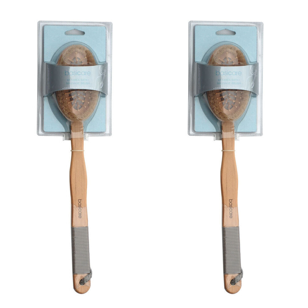 Basicare Wooden Bath Massage Brush 41cm Natural Bristles Exfoliation Pack of 2