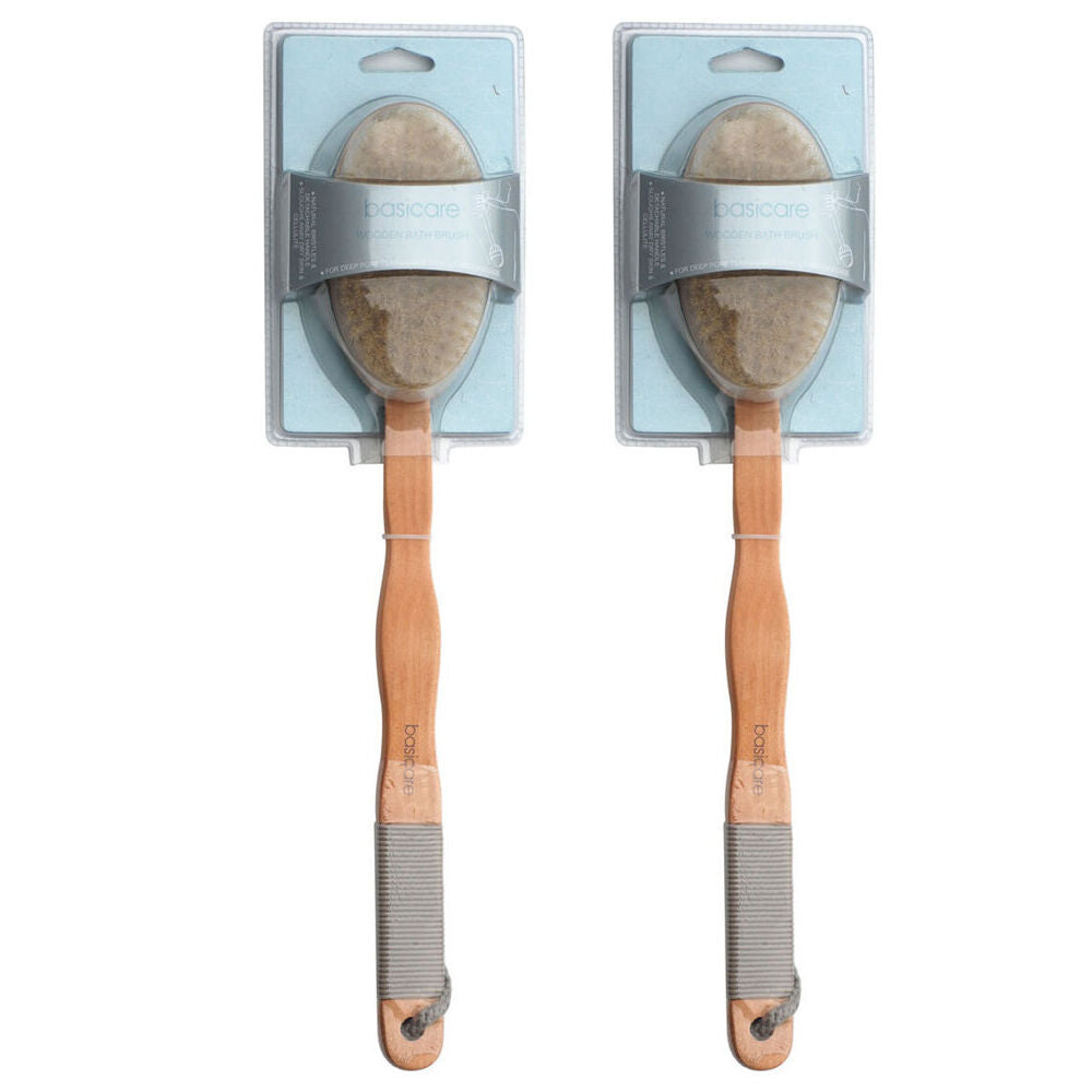 Basicare Wooden Bath Brush Long Handle 41cm Natural Bristles Pack of 2