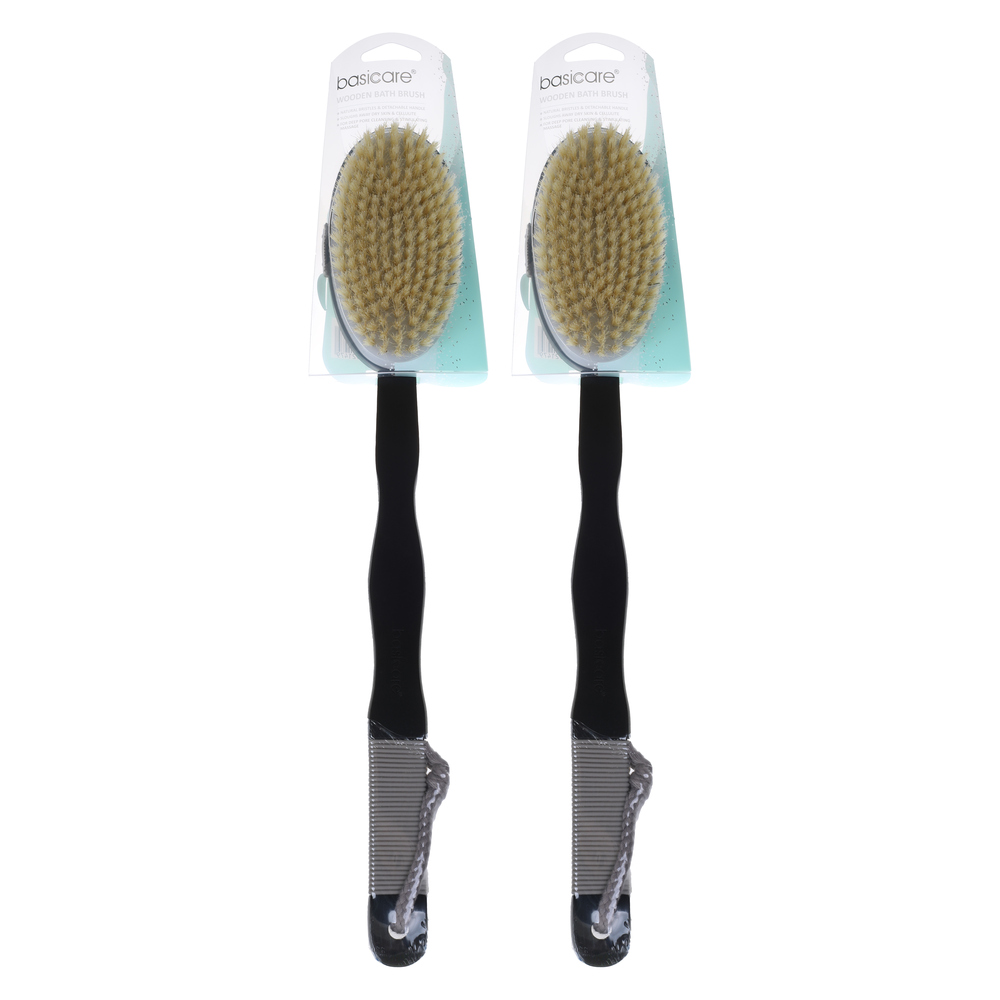 Basicare Wooden Bath Brush Long Handle 41cm Natural Bristles Pack of 2