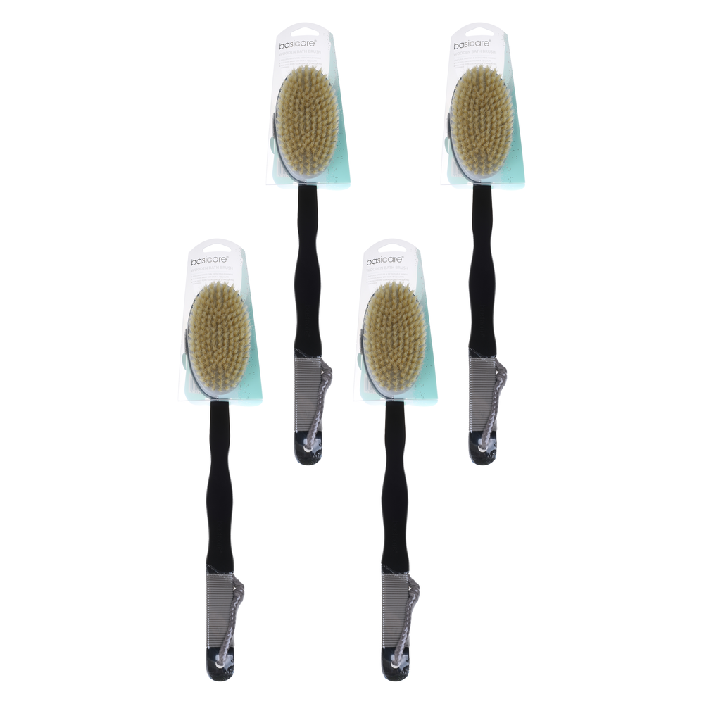 Basicare Wooden Bath Brush 41cm Long Handle Natural Bristles Pack of 4