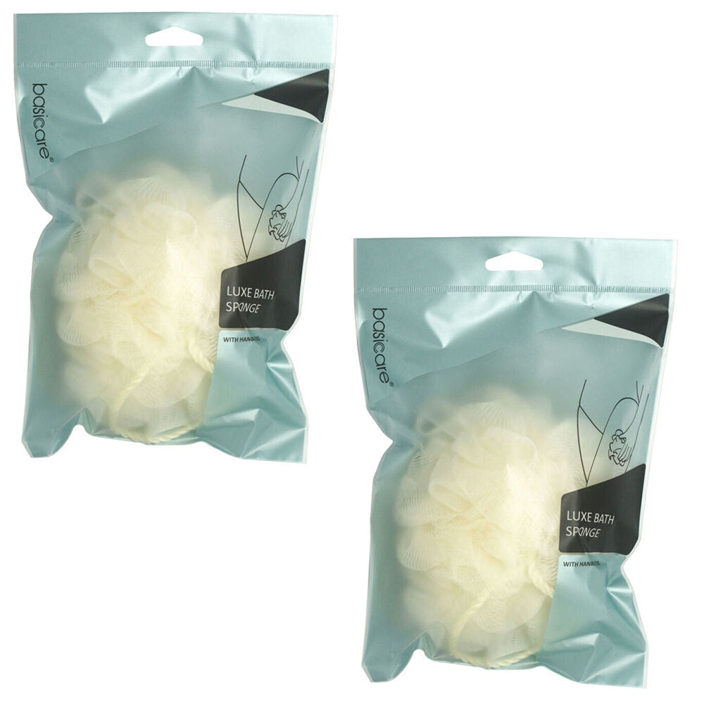Basicare Luxe Bath Sponge Beige with Hanging Cord Exfoliating x2