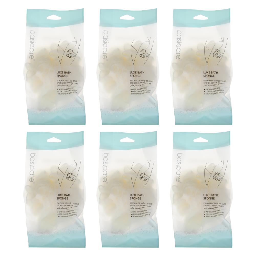 Basicare Bundle of 6 Luxe Bath Sponge Beige Hanging Cord Exfoliating