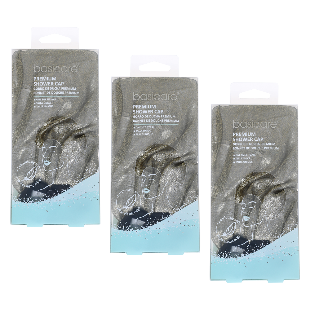 Basicare Luxury Adult Shower Cap Reusable Waterproof Bundle of 3