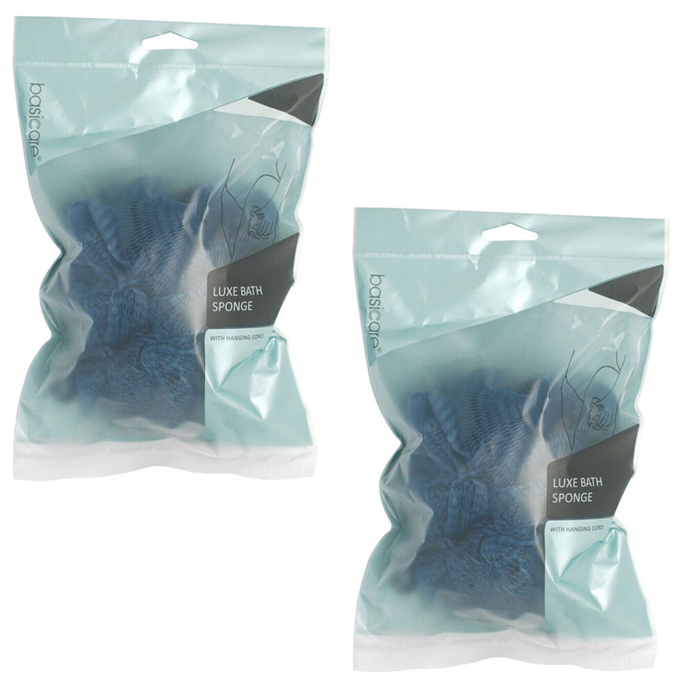 Basicare Luxe Bath Sponge Blue Hanging Cord Gentle Exfoliating Body Sponge x2