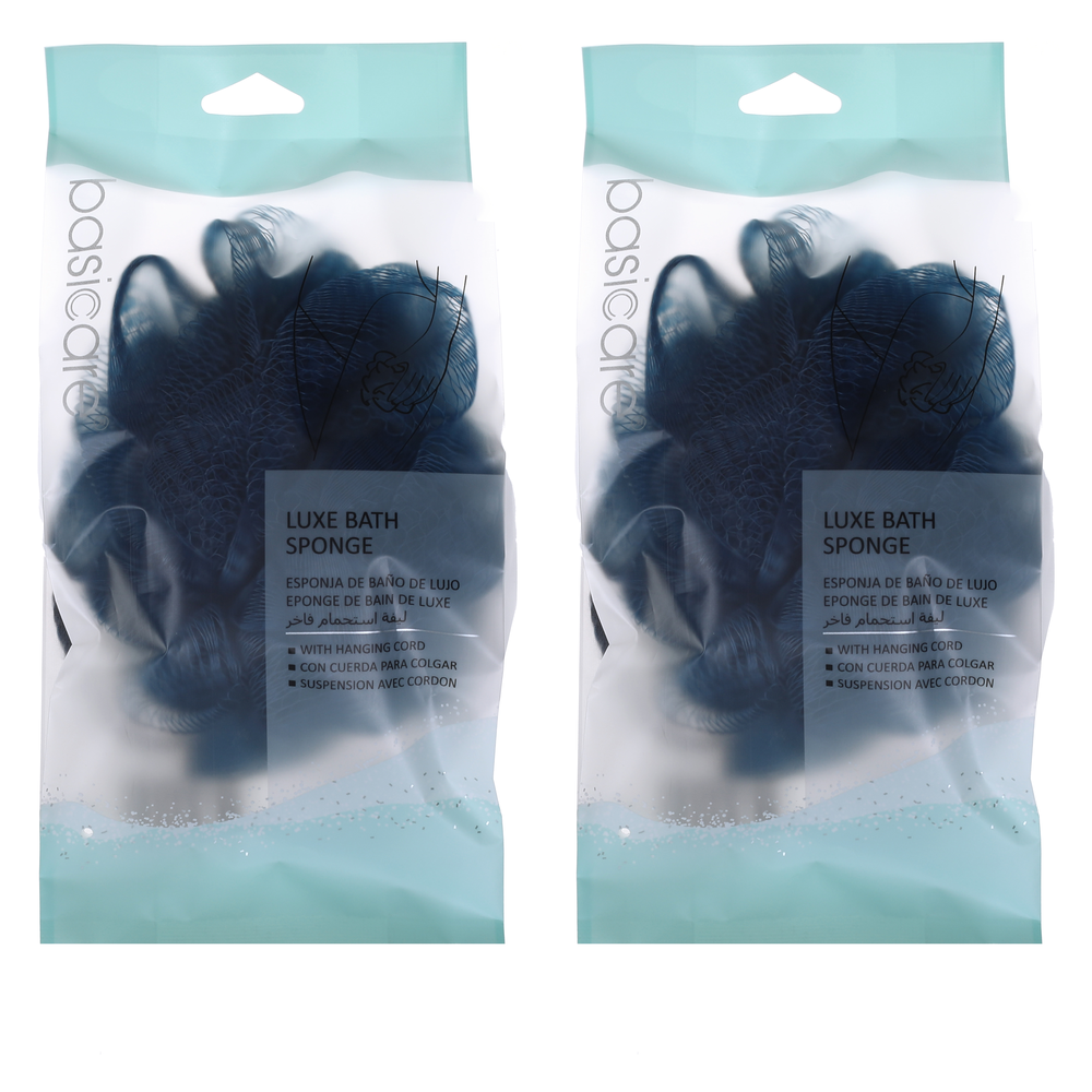 Basicare Luxe Bath Sponge Blue Hanging Cord Gentle Exfoliating Body Sponge x2