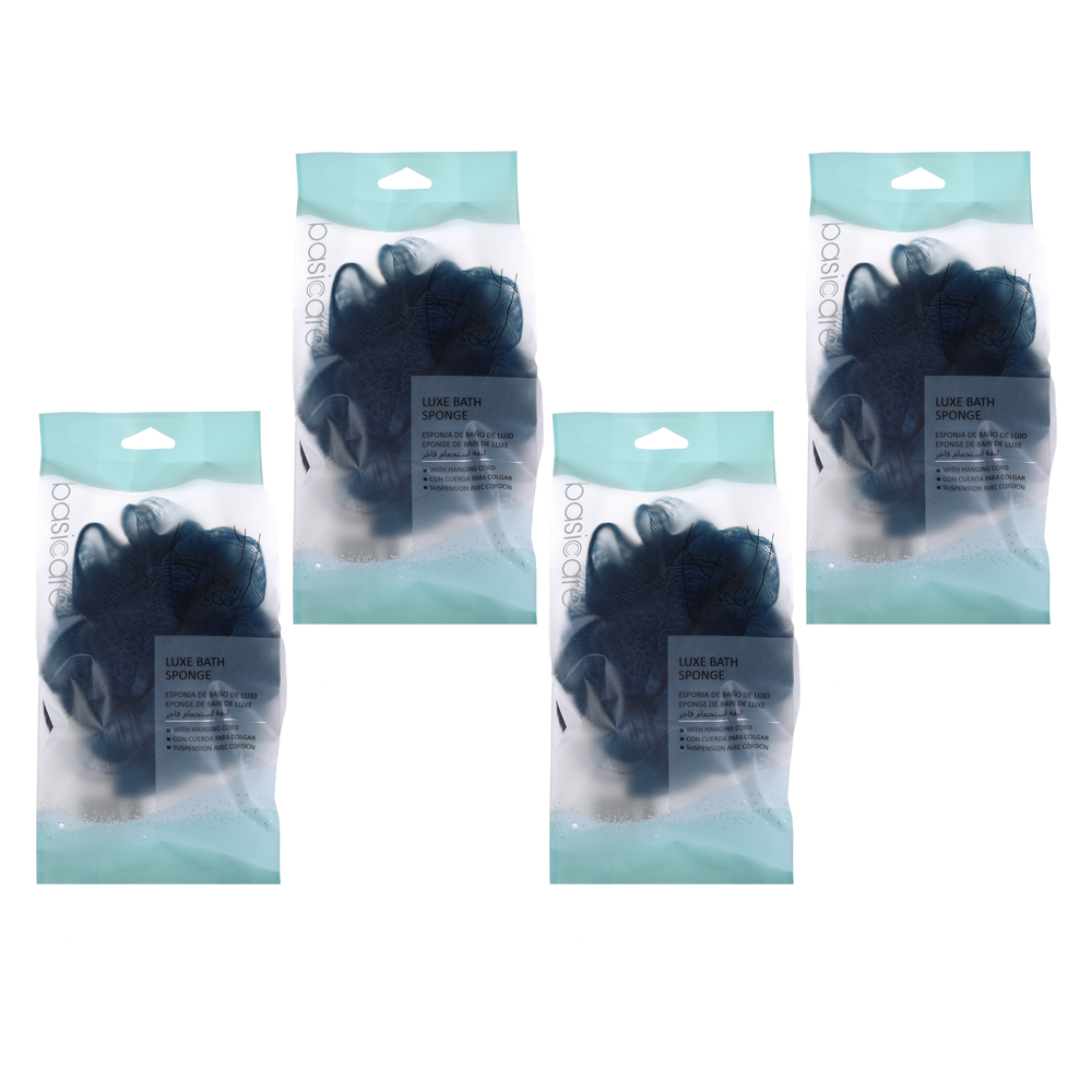Basicare Luxe Bath Sponge Blue with Hanging Cord Bundle of 4 Gentle Exfoliating