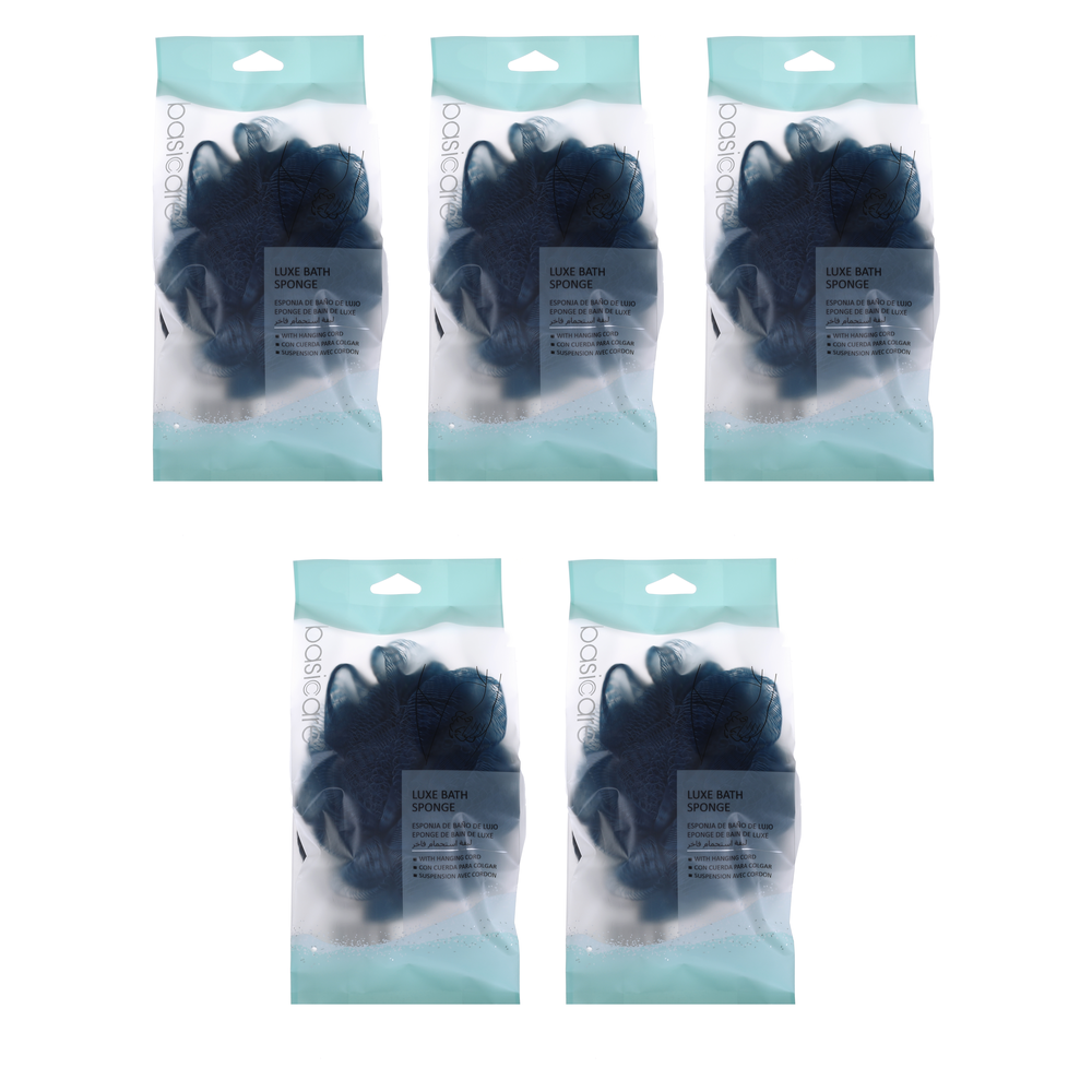 Basicare Luxe Bath Sponge Blue 5 Pack Hanging Cord Gentle Exfoliating