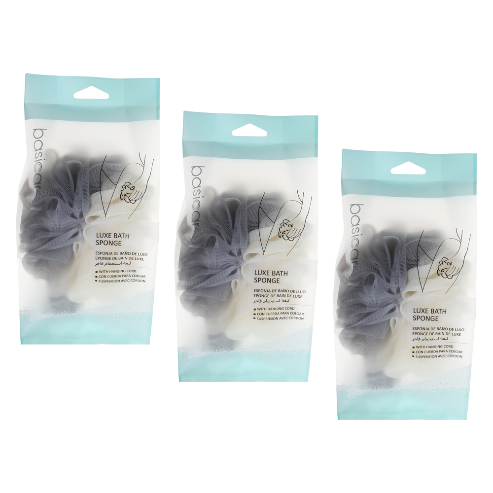 Basicare Luxe Bath Sponge Purple 3 Pack Hanging Cord Gentle Exfoliation