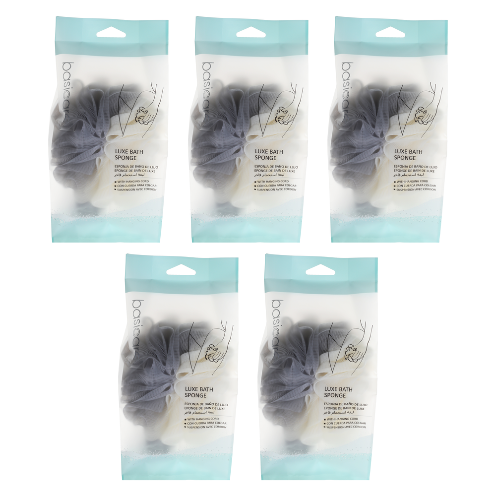 Basicare Luxe Bath Sponge Purple 5 Pack Hanging Cord Gentle Exfoliation