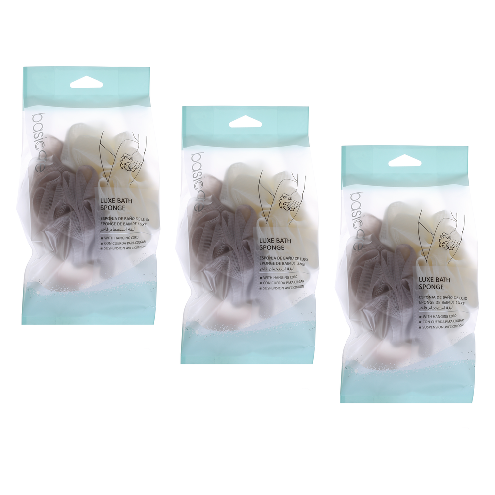 Basicare Luxe Bath Sponge Red Bundle of 3 Hanging Cord Gentle Exfoliating Shower