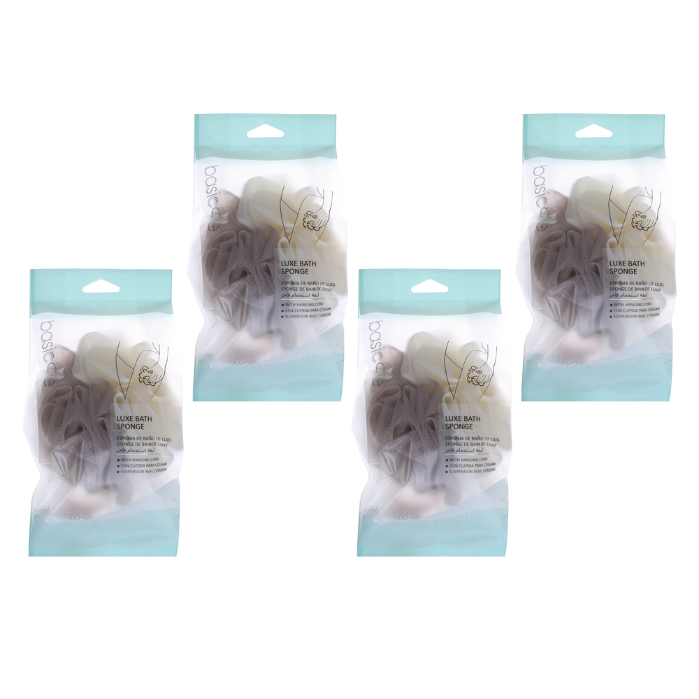 Basicare Luxe Bath Sponge Red with Hanging Cord 4 Pack Gentle Exfoliating