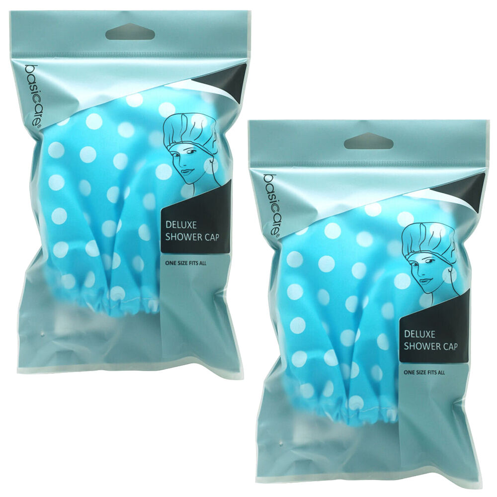 Basicare Deluxe Reusable Waterproof Shower Cap Blue White Dots 2 Pack