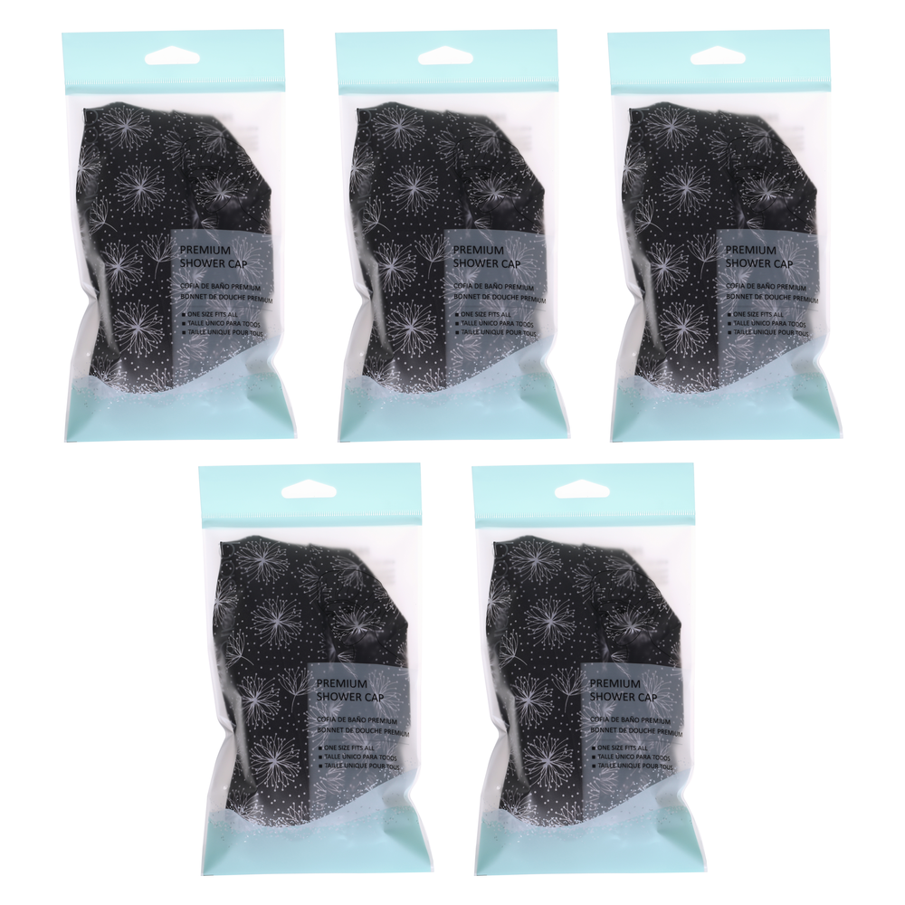 Basicare Deluxe Shower Cap Blue White Dots Bundle of 5 Reusable Waterproof