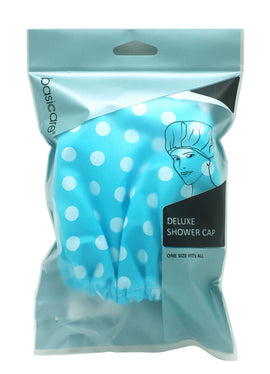 Basicare Deluxe Shower Cap Blue with White Dots Reusable Waterproof Hair Cover