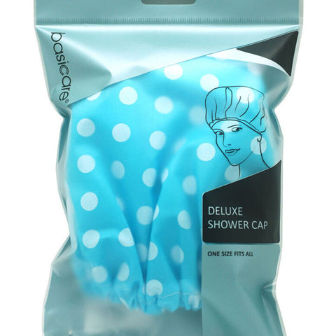Basicare Deluxe Shower Cap Blue with White Dots Reusable Waterproof Hair Cover