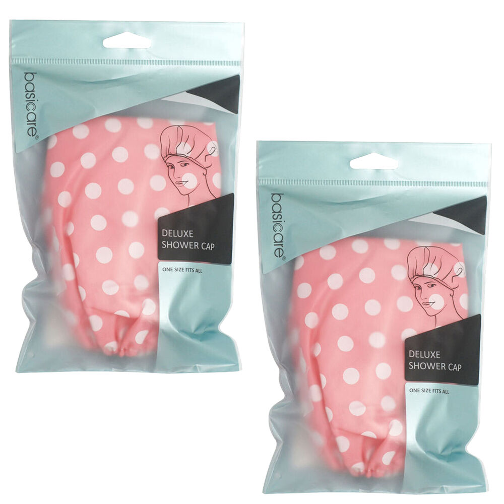Basicare Deluxe Reusable Waterproof Shower Cap Pink White Dots Pack of 2