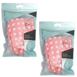 Basicare Deluxe Reusable Waterproof Shower Cap Pink White Dots Pack of 2